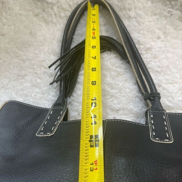 Franklin Covey Black Genuine Leather beige stitch shoulder bag tassel accent - Picture 10 of 13